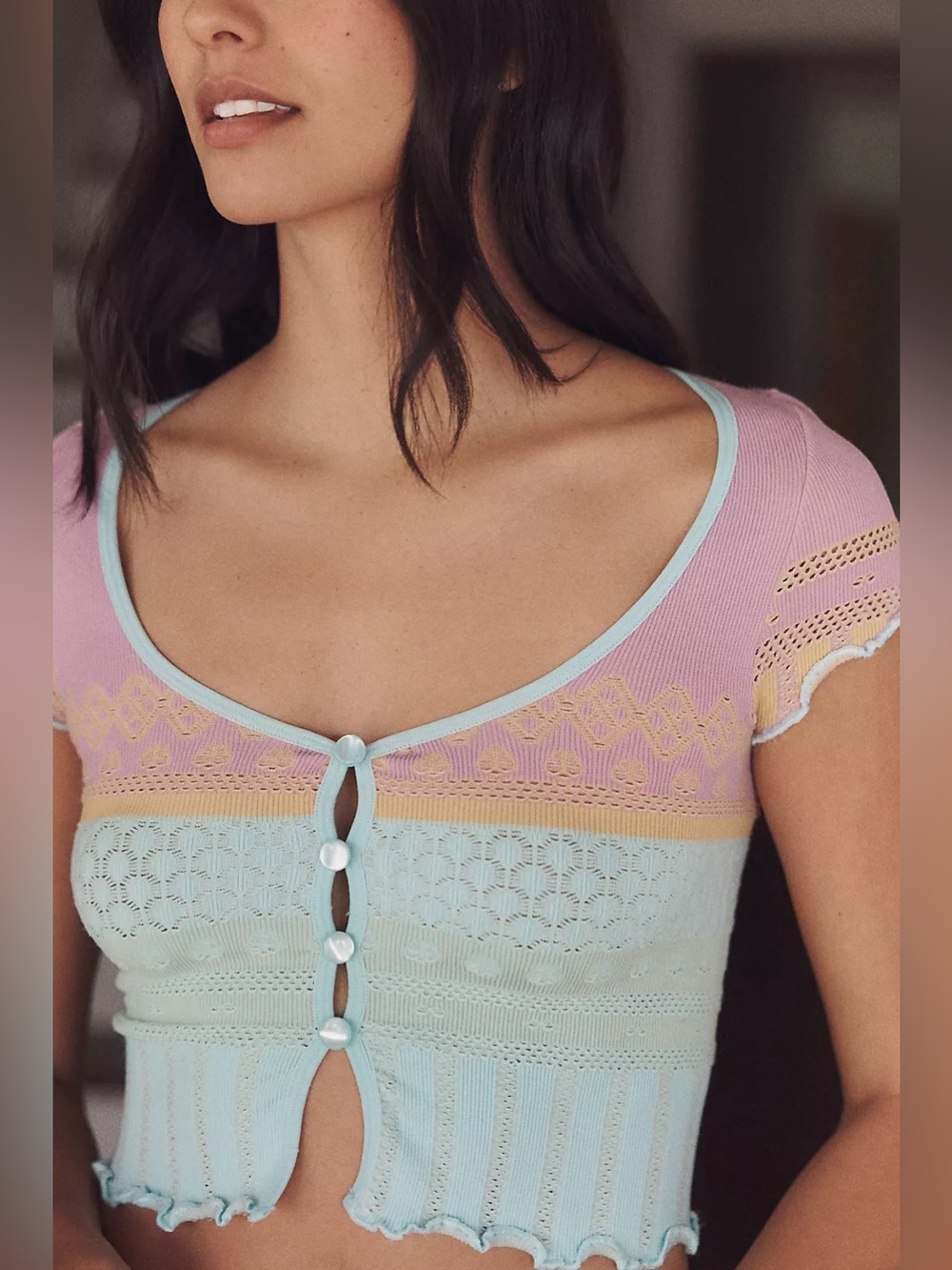 LyreBird Textured Seamless Crop Top in Pink, Yellow & Light Blue - Sz S/M - NWT